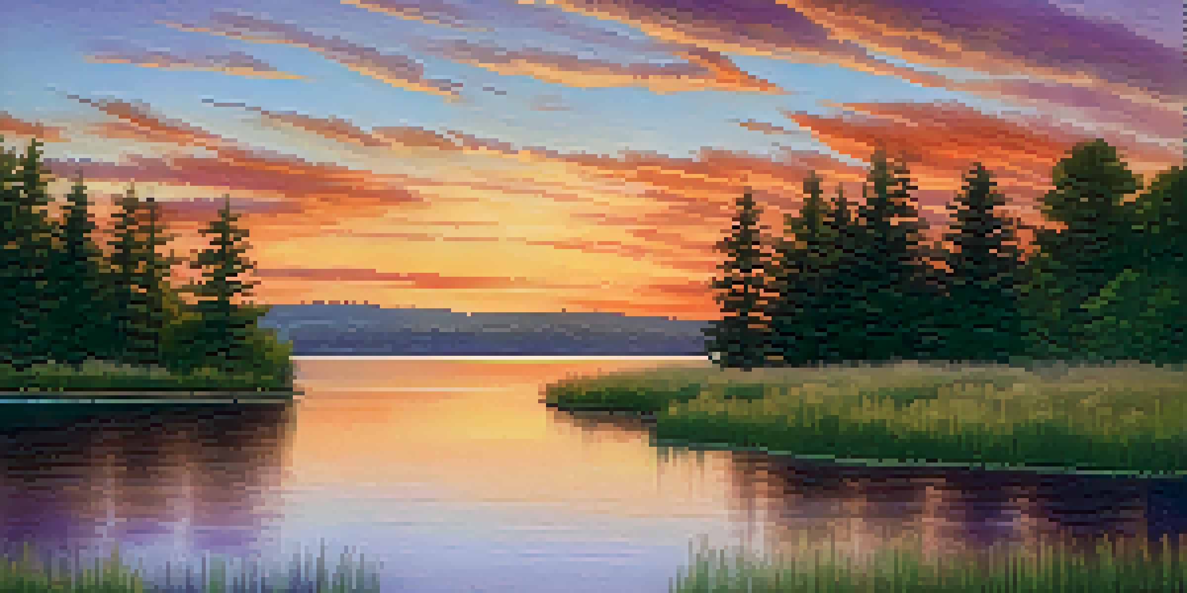 A peaceful sunset landscape with a colorful sky reflected in a calm lake, surrounded by green trees.