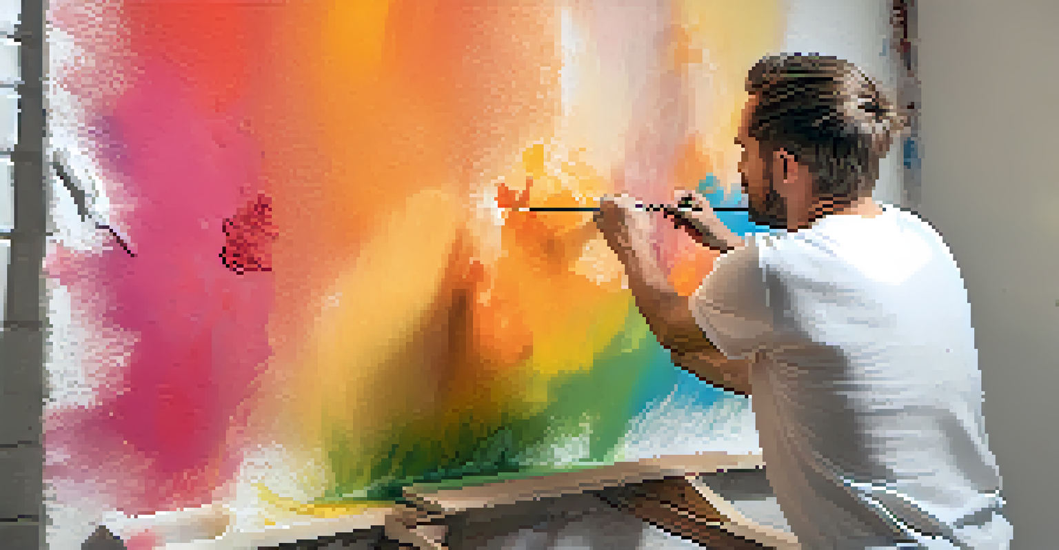 A modern artist painting a vibrant fresco in a well-lit studio, surrounded by colorful pigments and tools.