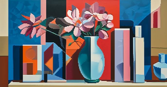 A Cubist still life showing a fragmented vase with flowers in vibrant colors and geometric shapes.