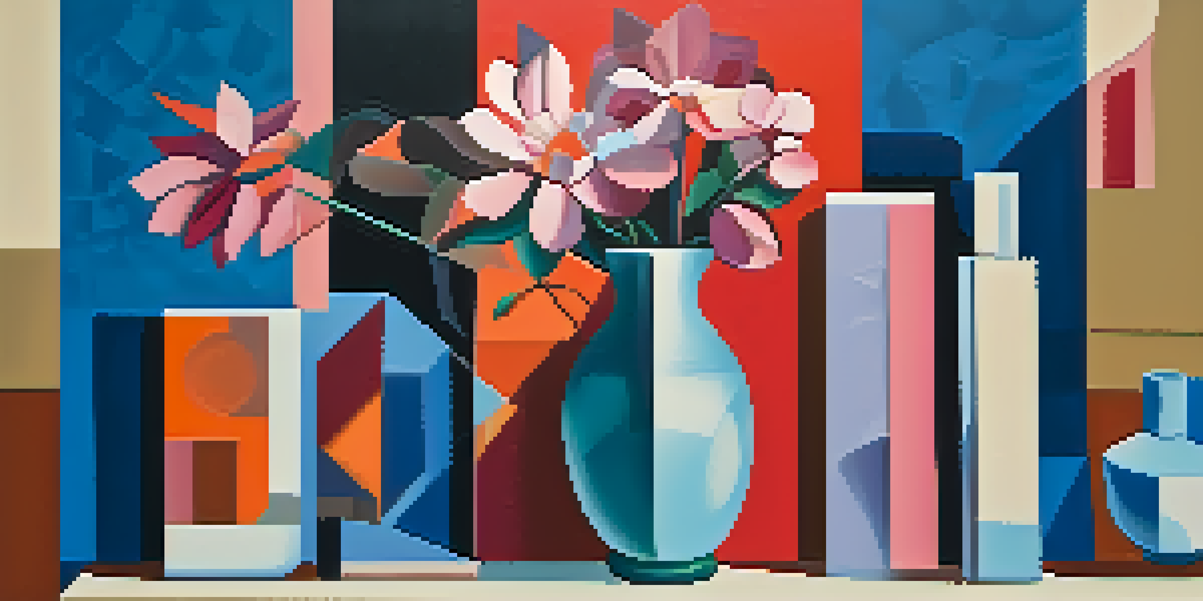 A Cubist still life showing a fragmented vase with flowers in vibrant colors and geometric shapes.