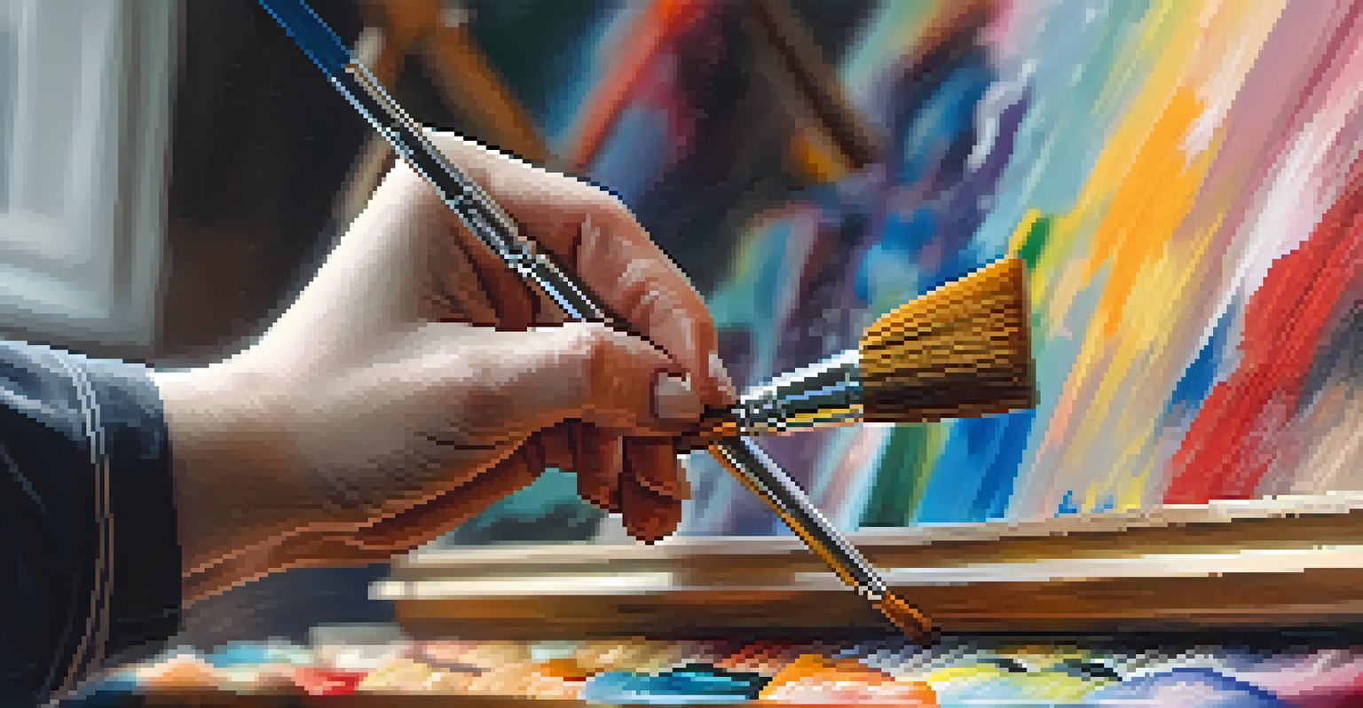 A close-up of a hand holding a paintbrush, applying vibrant colors to an abstract canvas, with a blurred easel in the background.