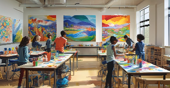 A classroom with students involved in different art projects, including mural painting and sculpture making, illuminated by natural light.