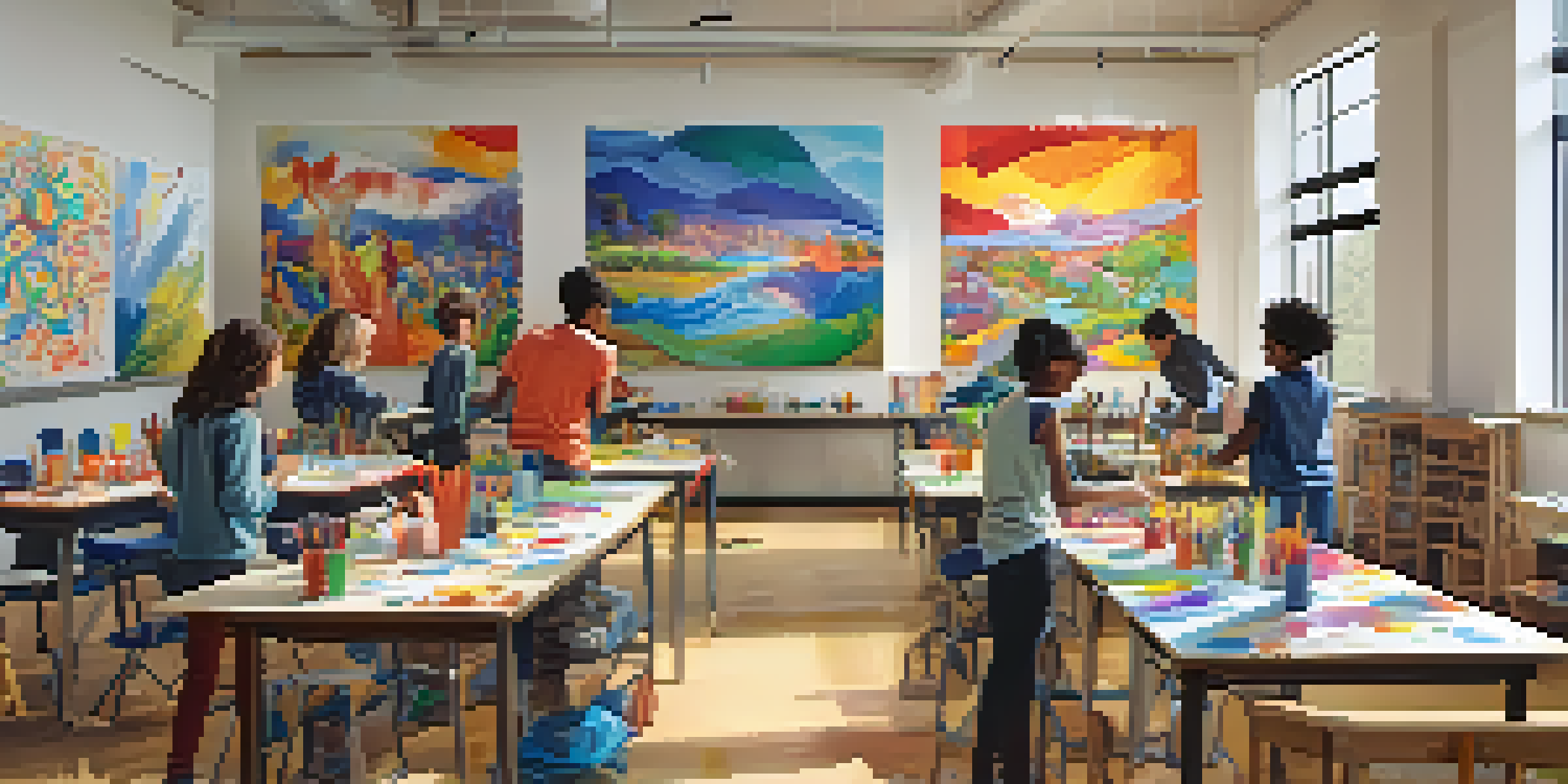 A classroom with students involved in different art projects, including mural painting and sculpture making, illuminated by natural light.