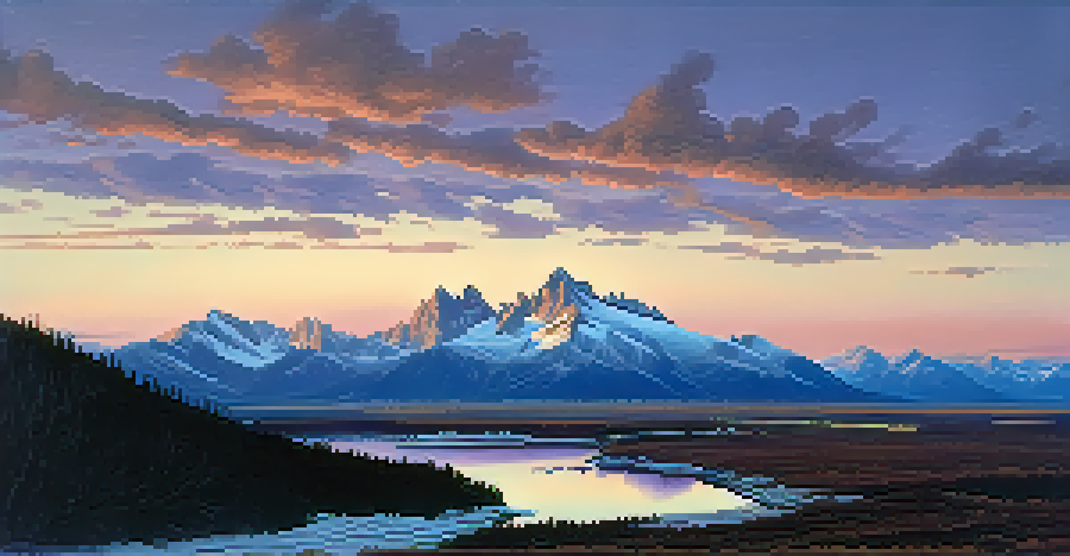 A dramatic mountain landscape at twilight with snow-capped peaks and a winding river.