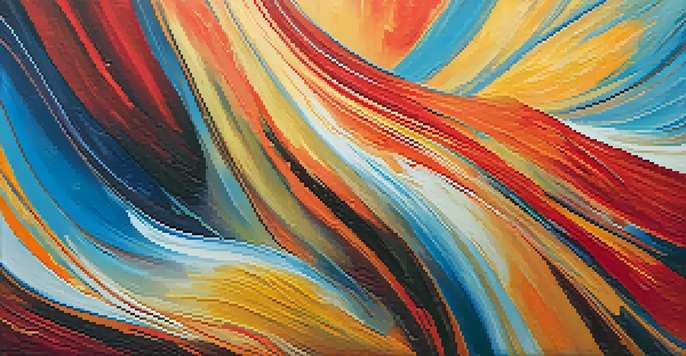An abstract painting with swirling reds, yellows, and oranges, transitioning to blues, showcasing dynamic brushstrokes and textures.