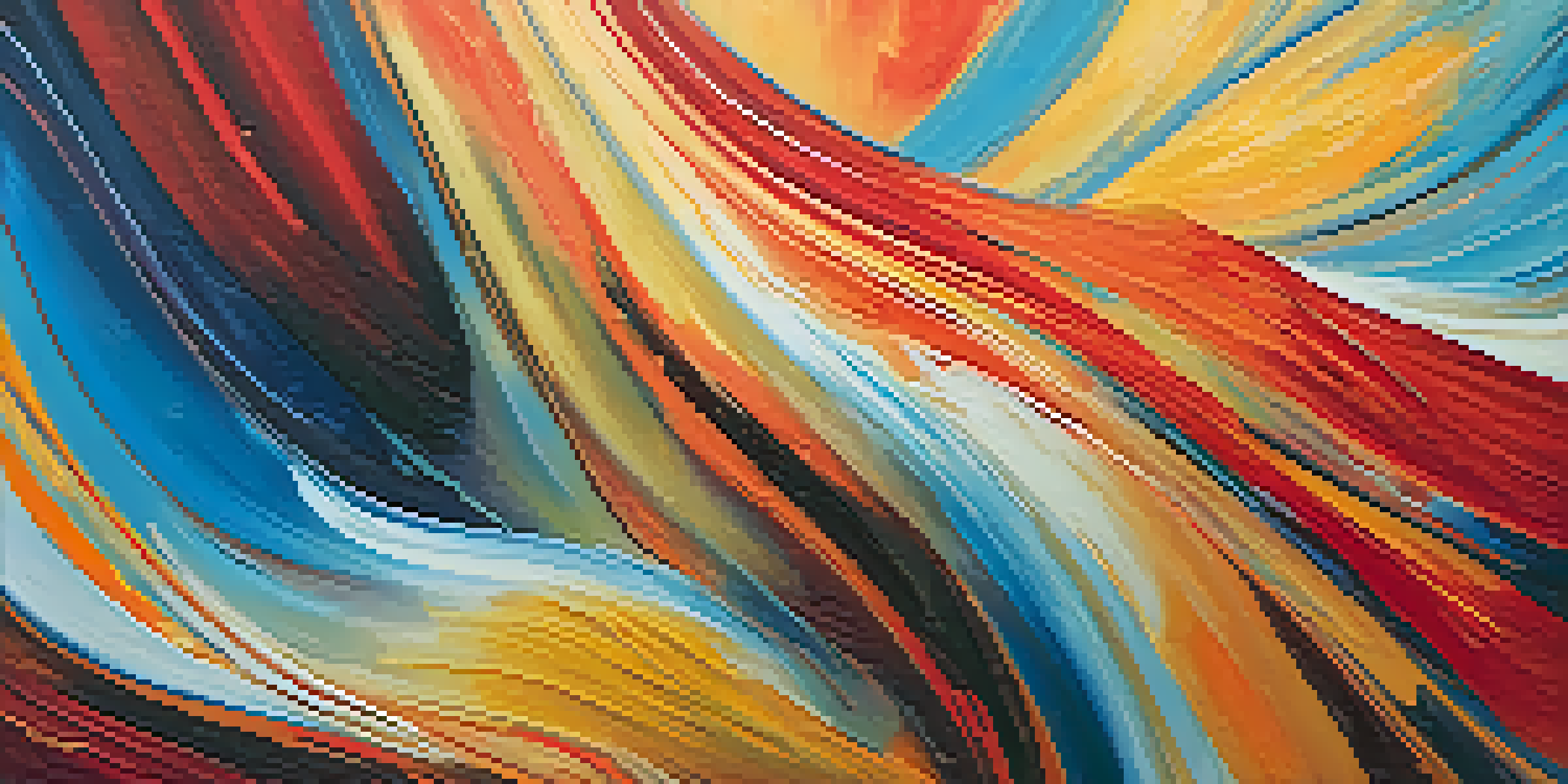 An abstract painting with swirling reds, yellows, and oranges, transitioning to blues, showcasing dynamic brushstrokes and textures.