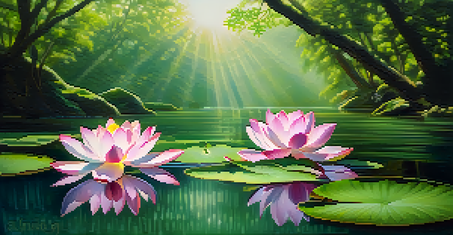 A serene image of a lotus flower in a pond, surrounded by green leaves, with soft sunlight creating a peaceful ambiance.