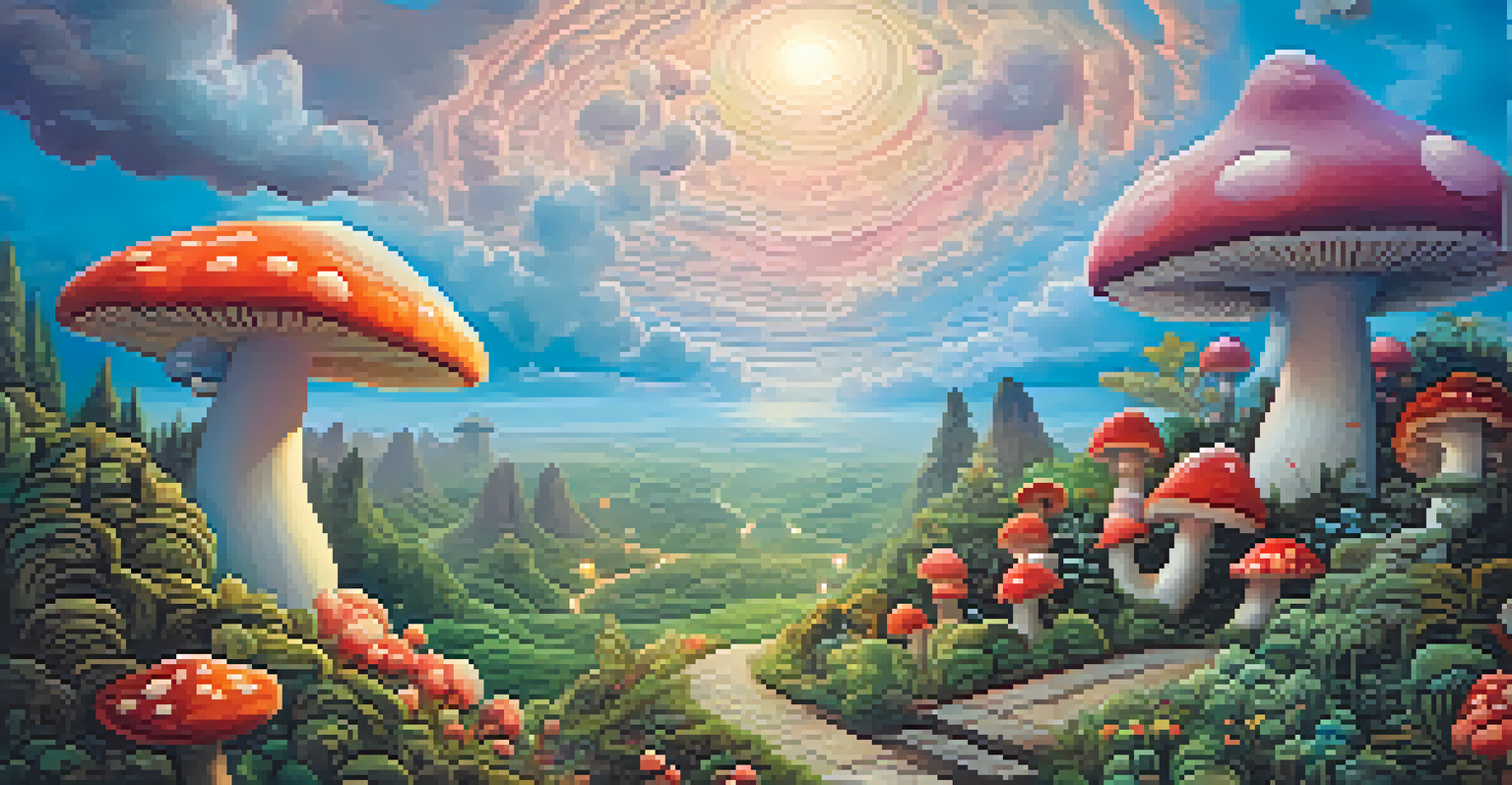 A whimsical scene with a giant eye in the sky overlooking a tiny figure on a winding path, surrounded by oversized mushrooms and colorful plants.