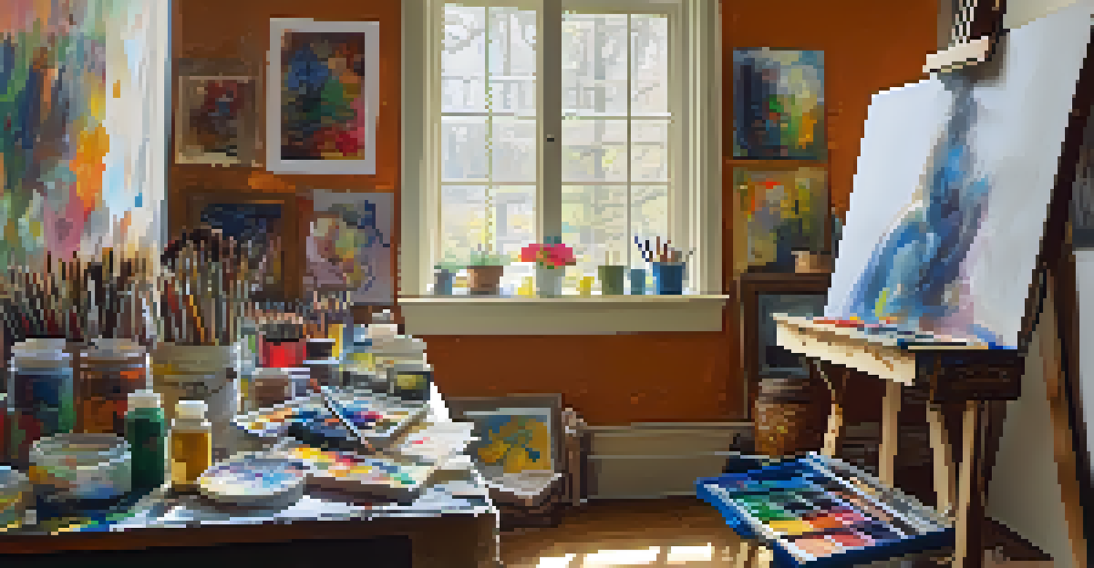 An art studio with a self-portrait on an easel, surrounded by art supplies and warm sunlight.
