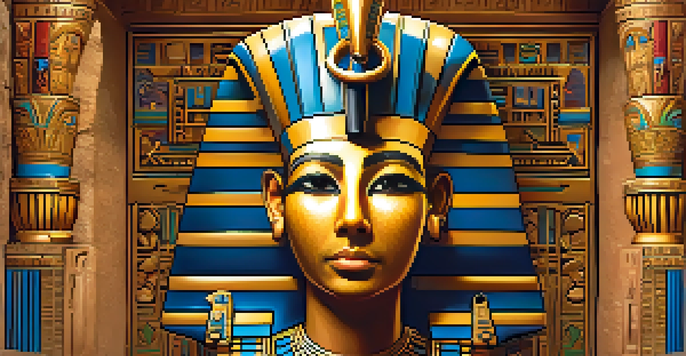 A portrait of an ancient Egyptian pharaoh in a decorated tomb, showcasing hieroglyphics and vibrant murals.