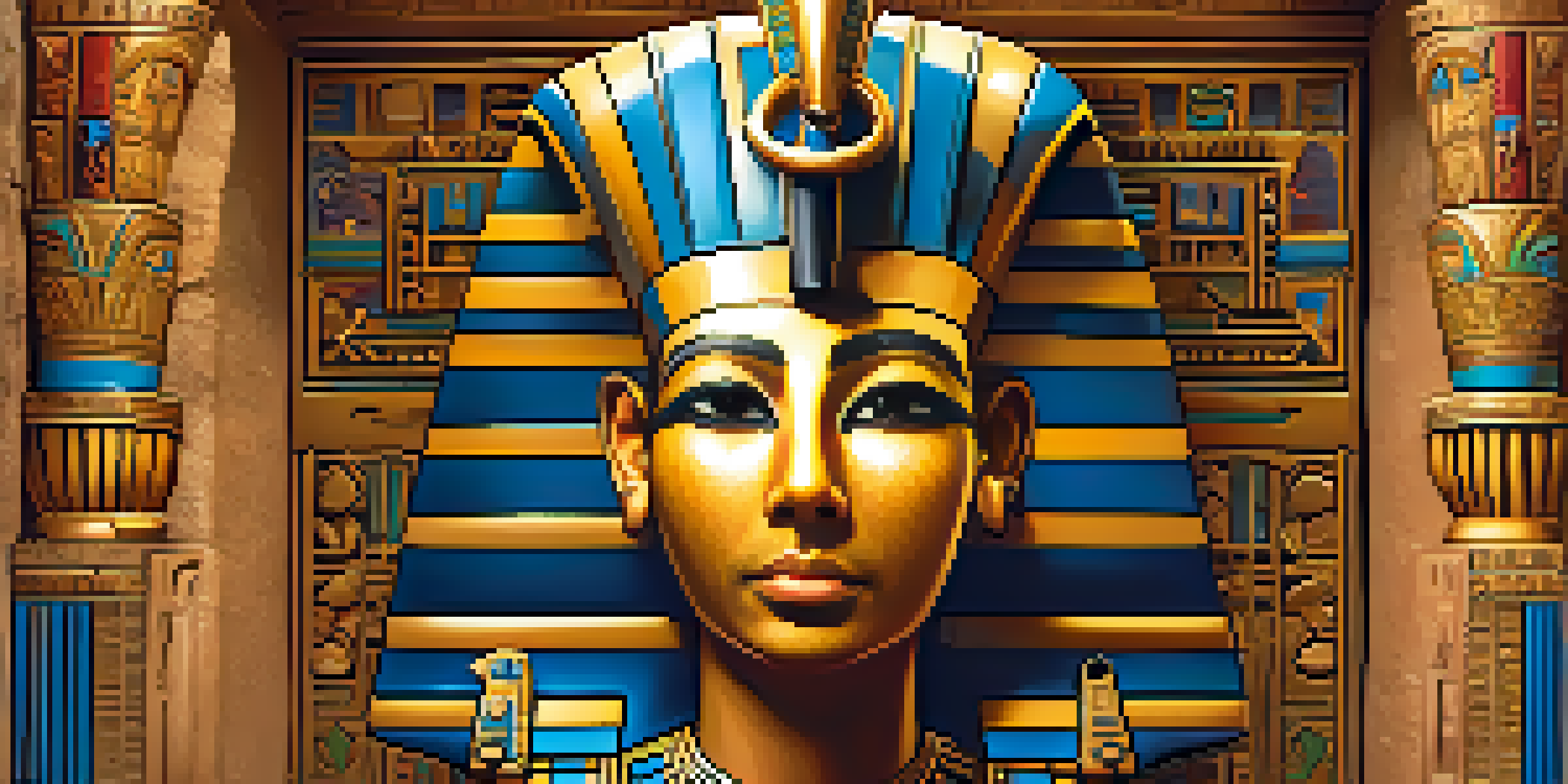 A portrait of an ancient Egyptian pharaoh in a decorated tomb, showcasing hieroglyphics and vibrant murals.