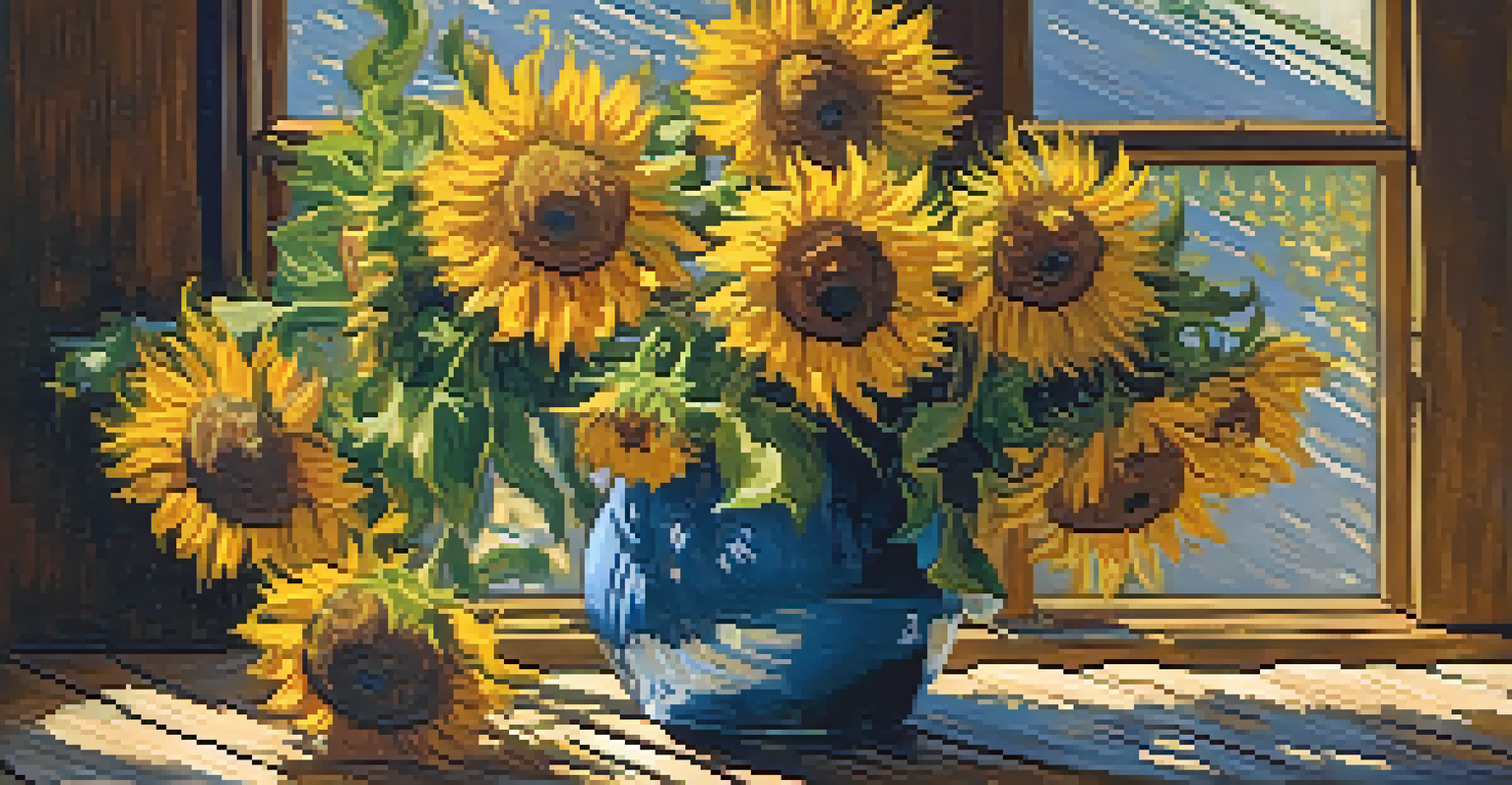 A still life of Van Gogh's 'Sunflowers' on a wooden table, with bright yellow flowers illuminated by natural light, creating a warm atmosphere.