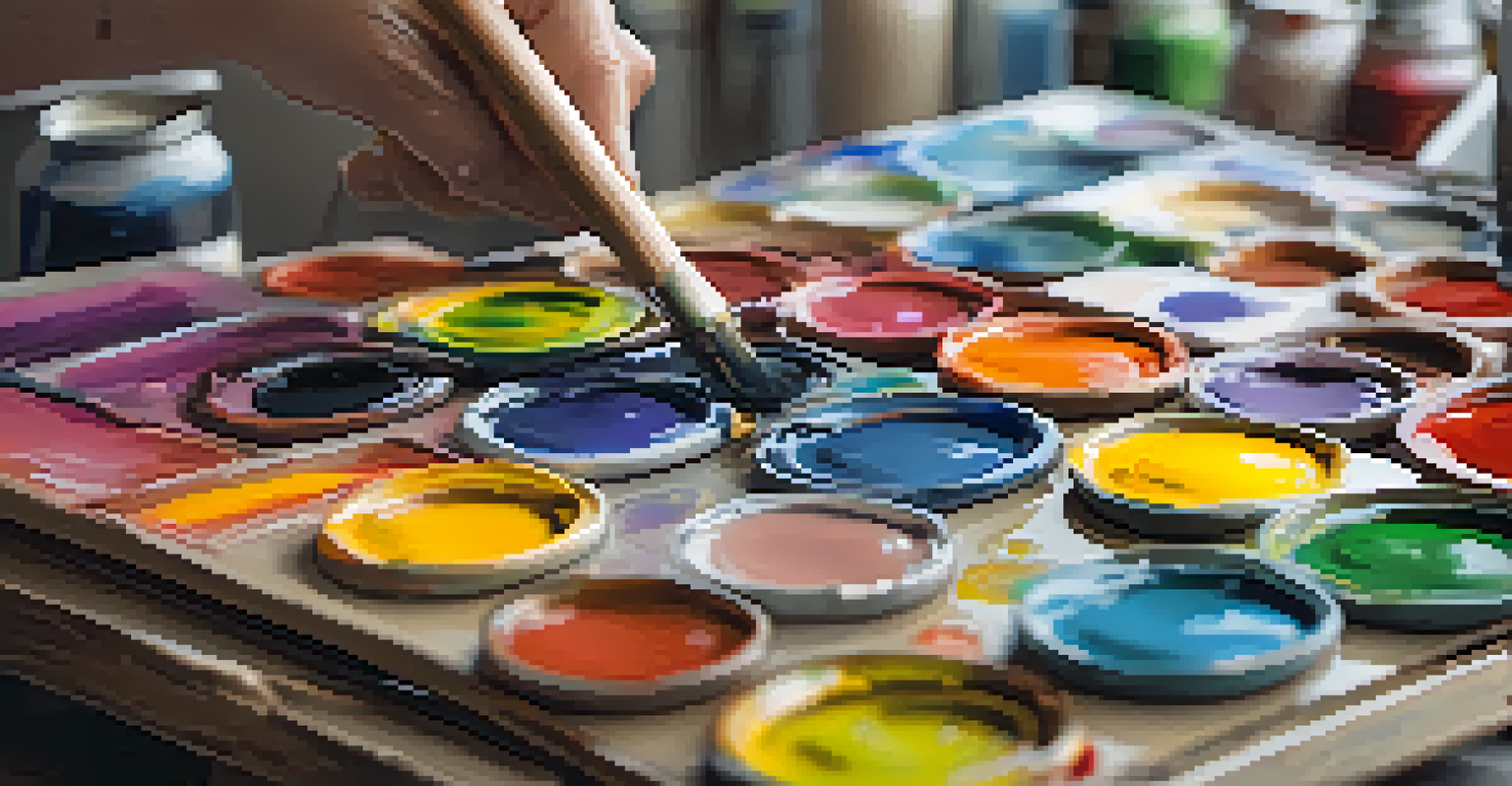 An artist's hands mixing colorful paints on a palette with a blurred canvas in the background.