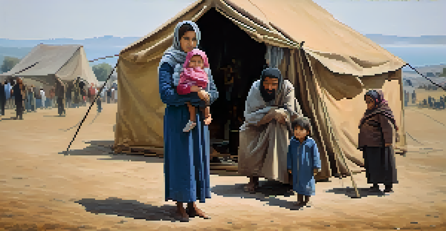 A refugee family in front of a tent, showing emotional expressions against a blurred background.