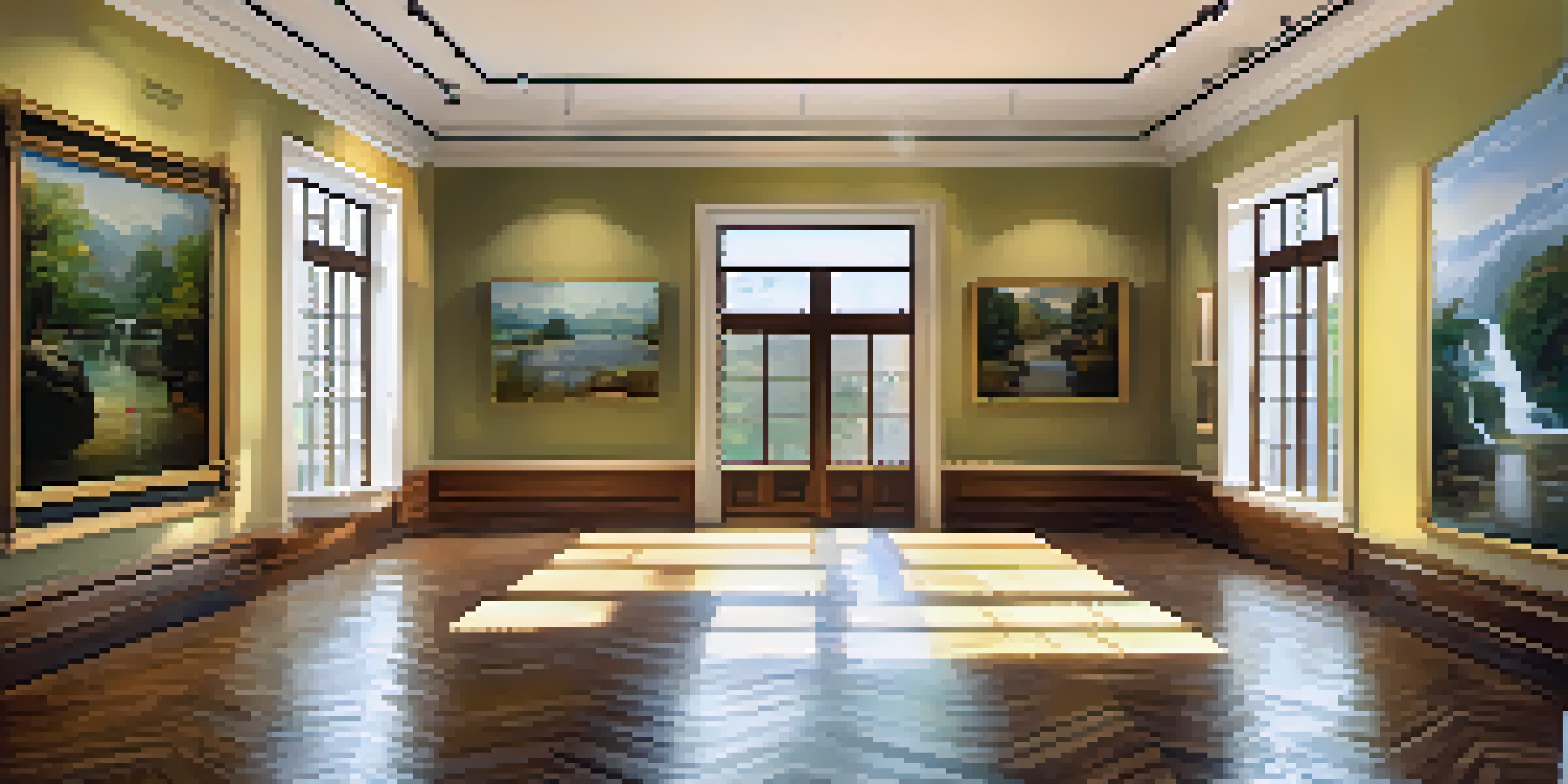 An art gallery with interactive augmented reality paintings, featuring animated landscapes and visitors using smartphones.