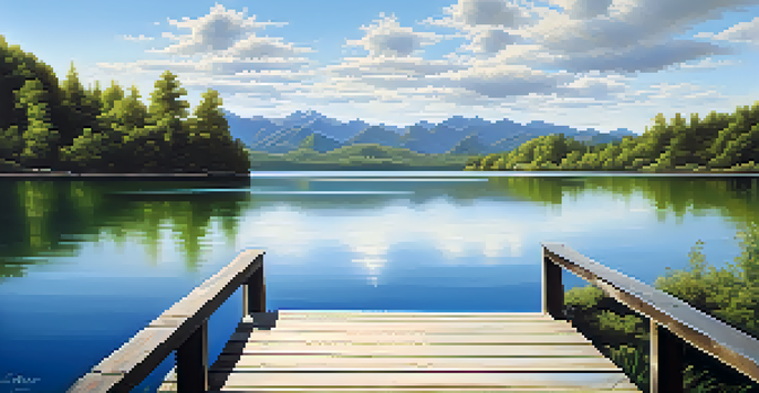 A tranquil lake surrounded by green mountains and a clear blue sky, with a wooden dock extending into the water.