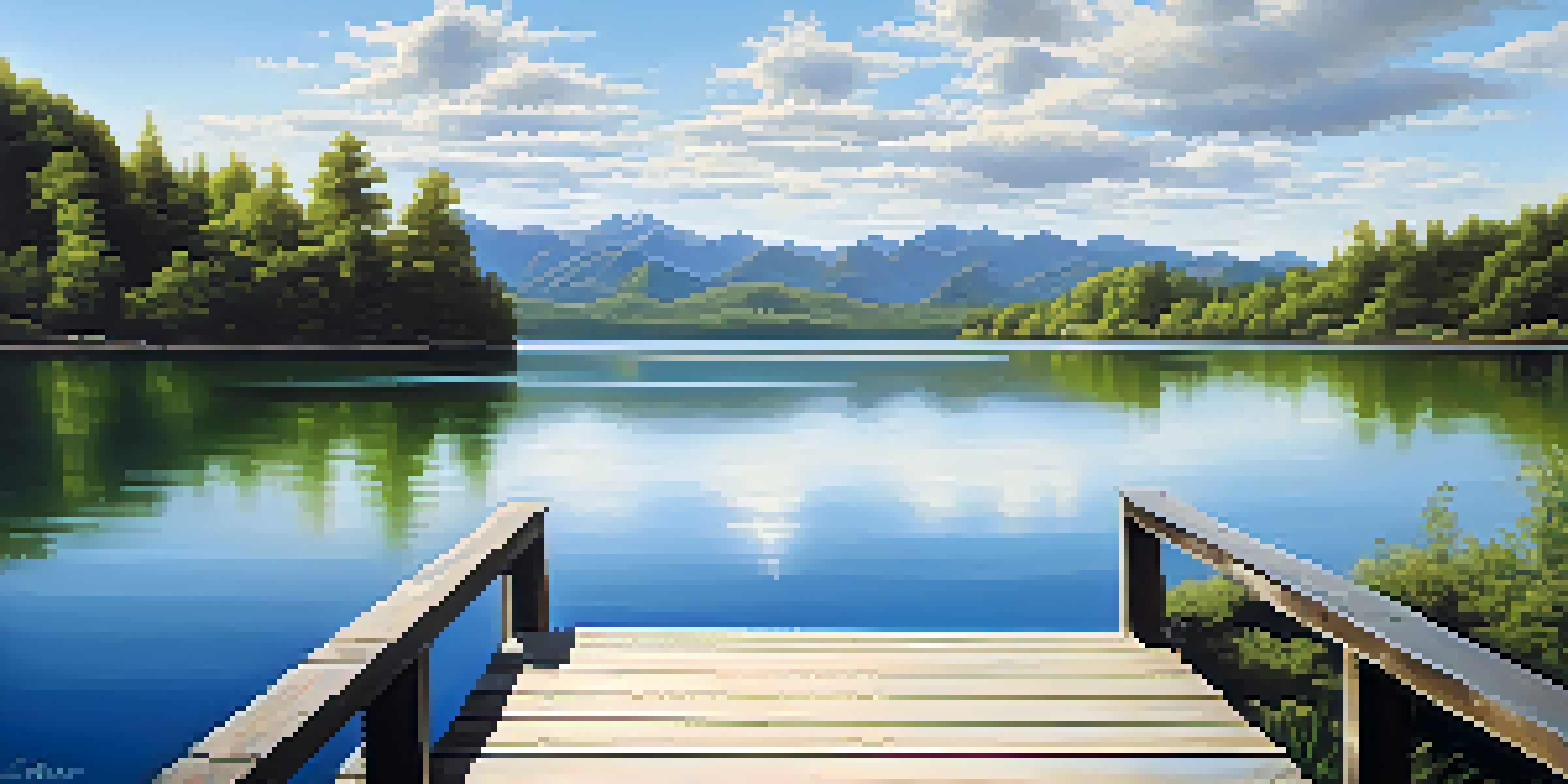 A tranquil lake surrounded by green mountains and a clear blue sky, with a wooden dock extending into the water.