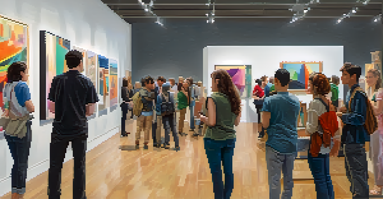 Students showcasing their artworks in a gallery during an art competition, with an audience admiring the pieces.