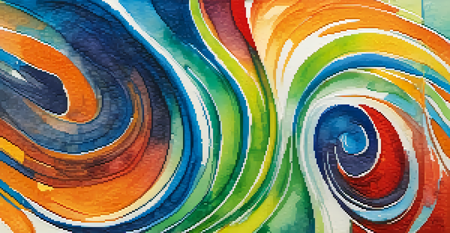 An abstract watercolor painting with swirling colors of blue, green, orange, and red, demonstrating vibrant color interactions.