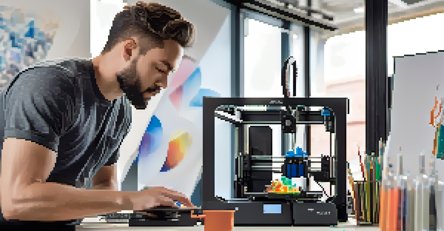 An artist using a 3D printer with colorful art pieces around them, illuminated by natural light.
