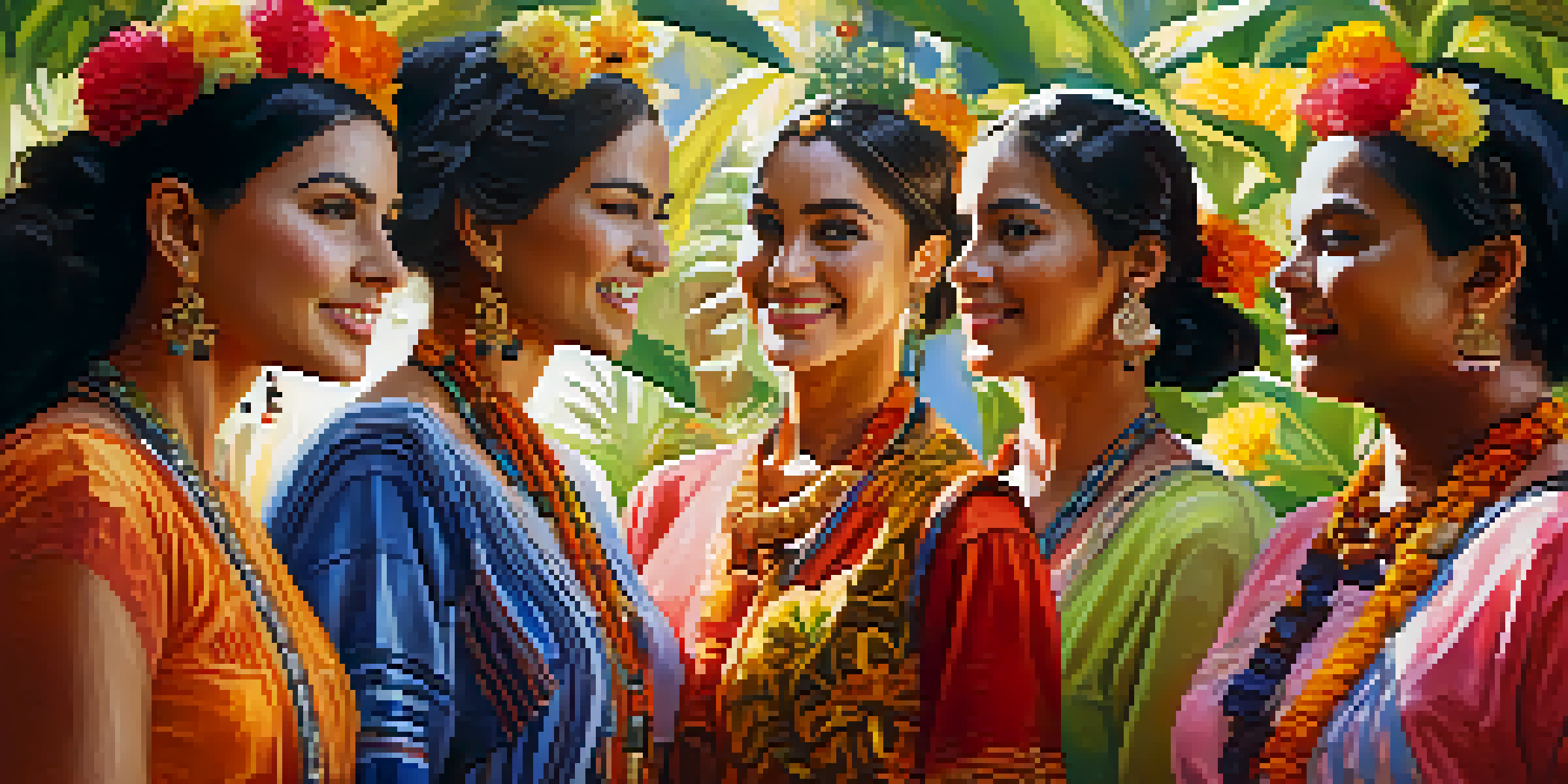 A group of diverse women in traditional attire standing in a colorful garden, united in joy and strength, with sunlight filtering through the trees.