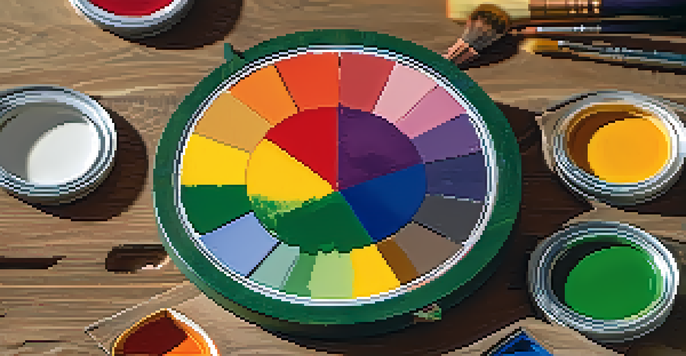 A close-up image of a color wheel on an artist's palette with primary and secondary colors, set against a blurred background.