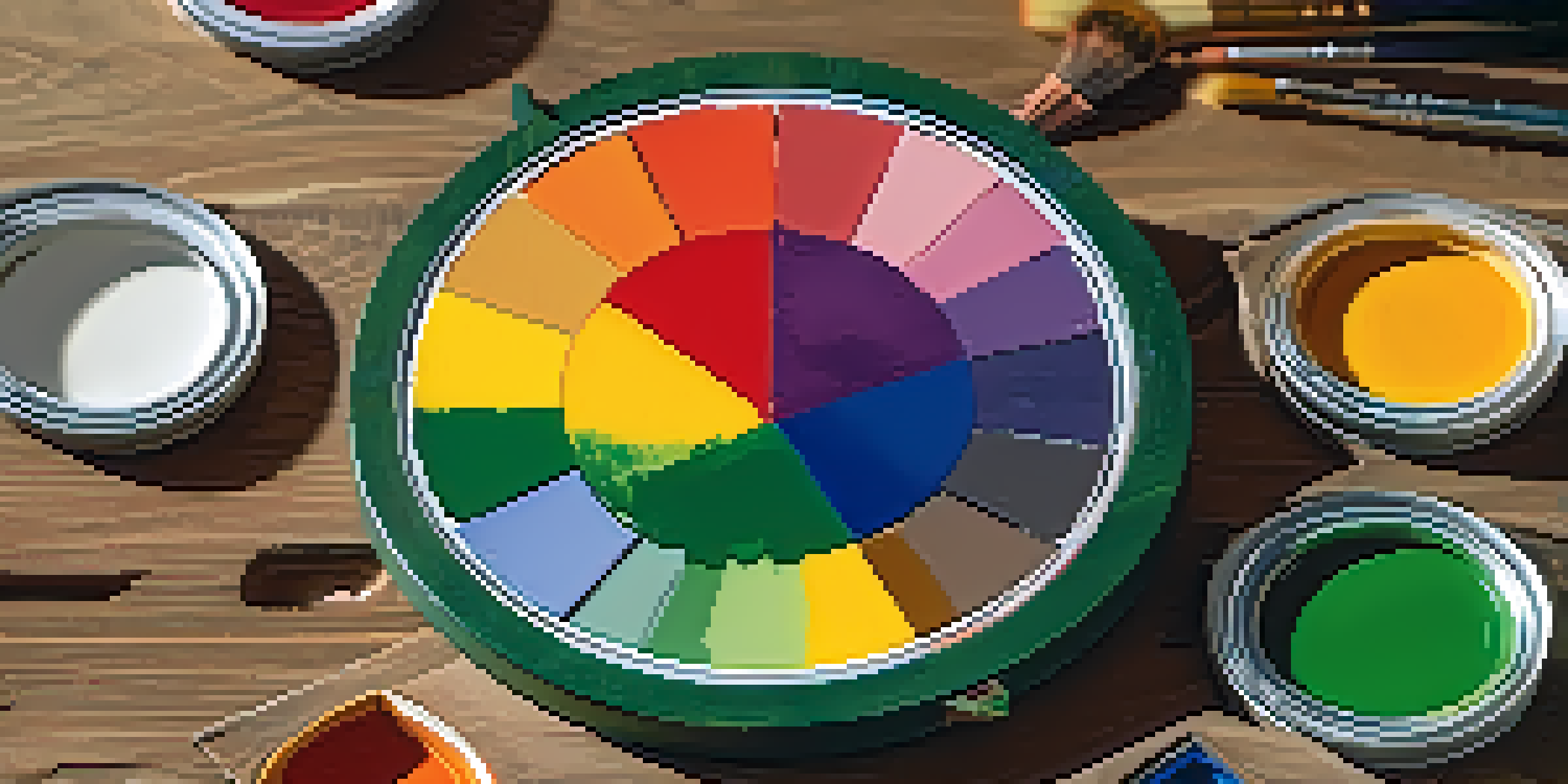 A close-up image of a color wheel on an artist's palette with primary and secondary colors, set against a blurred background.