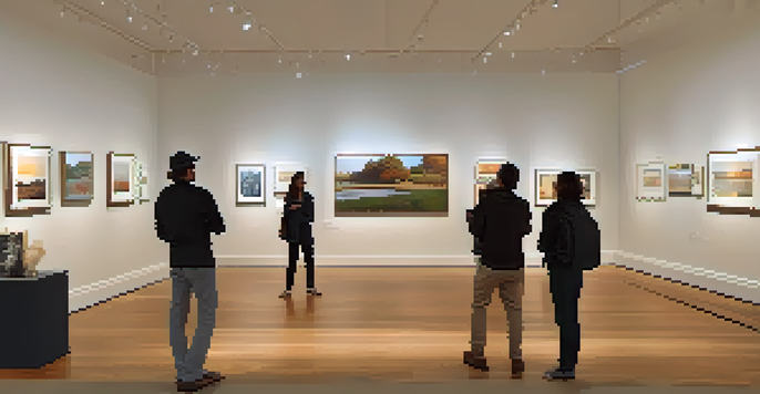 A cozy art gallery with warm lighting and various paintings, visitors engaging with the art.