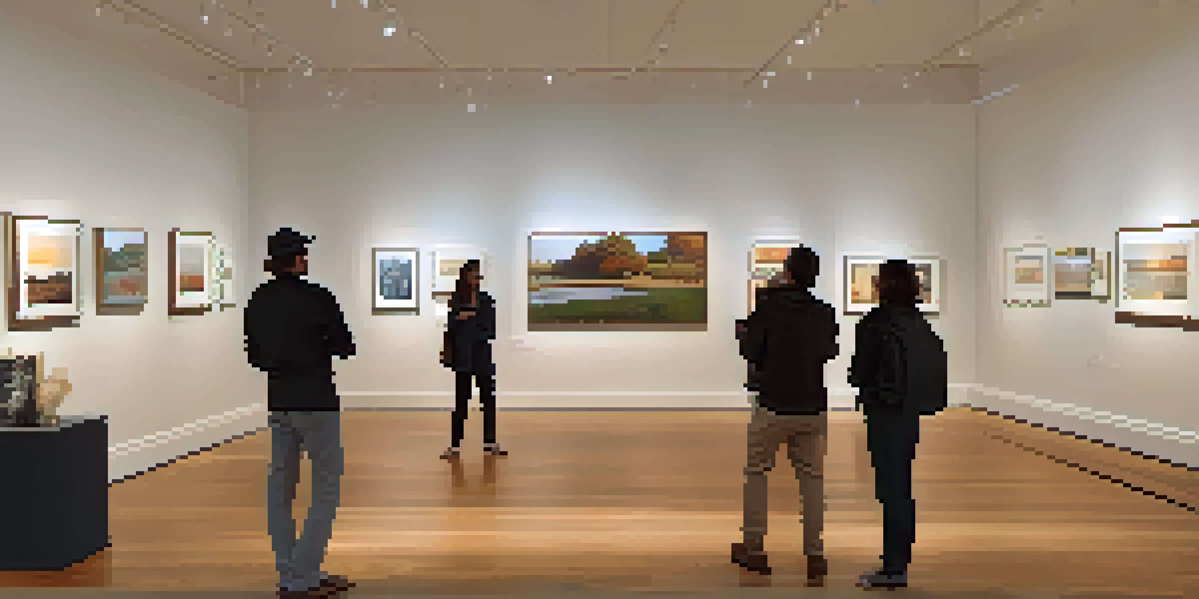 A cozy art gallery with warm lighting and various paintings, visitors engaging with the art.