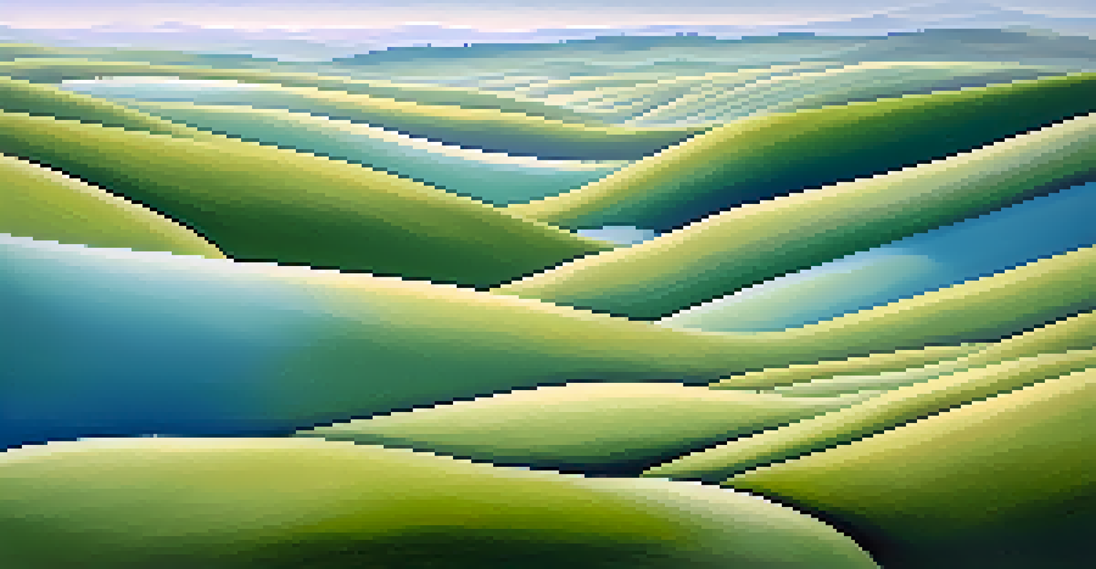An abstract landscape in soft blues and greens, depicting a tranquil and calm scene with flowing lines that resemble hills and a peaceful sky.