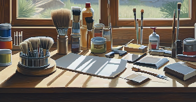A workspace with surface preparation tools like sandpaper and brushes on a wooden table, illuminated by natural light.