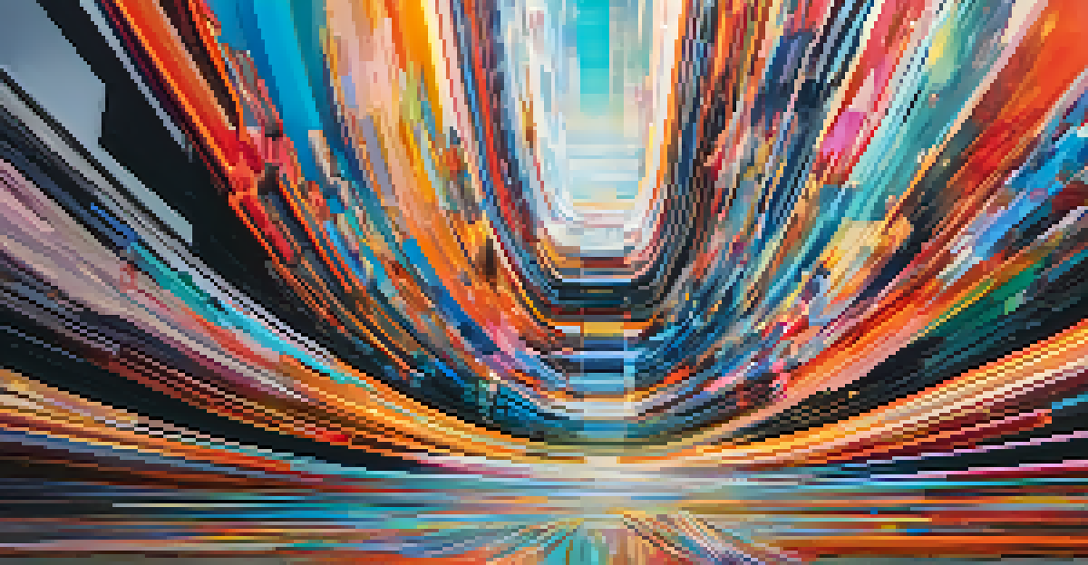 An abstract artwork featuring colorful glitch art with distorted shapes and vibrant textures, illustrating the beauty of imperfection in digital art.