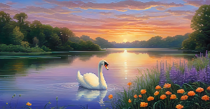 A tranquil lake surrounded by greenery and wildflowers at sunset, with a swan gliding on the water.