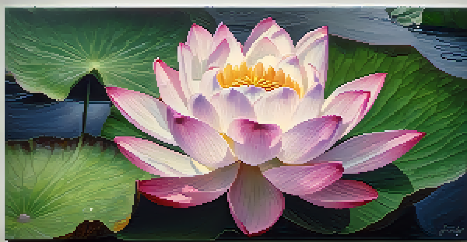 A close-up of a blooming lotus flower with intricate petals and droplets of water.
