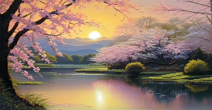 A peaceful lake with cherry blossom trees and a sunset, symbolizing tranquility and the transient nature of life.