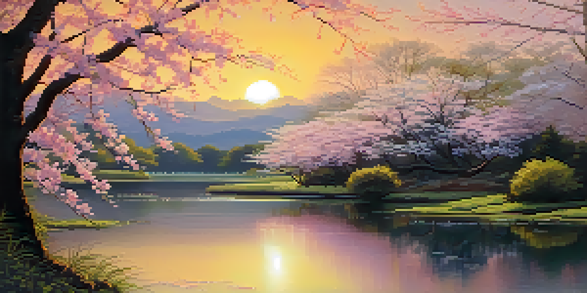 A peaceful lake with cherry blossom trees and a sunset, symbolizing tranquility and the transient nature of life.