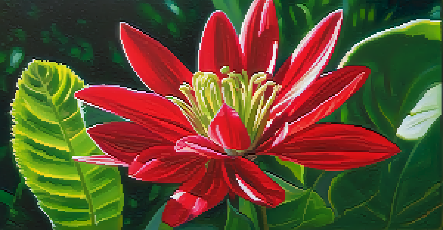 A close-up of a bright red flower contrasted against green leaves, illuminated by soft sunlight.