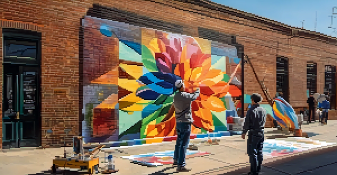 A street artist and a classical painter collaborating on a colorful mural, blending graffiti with detailed painting styles.