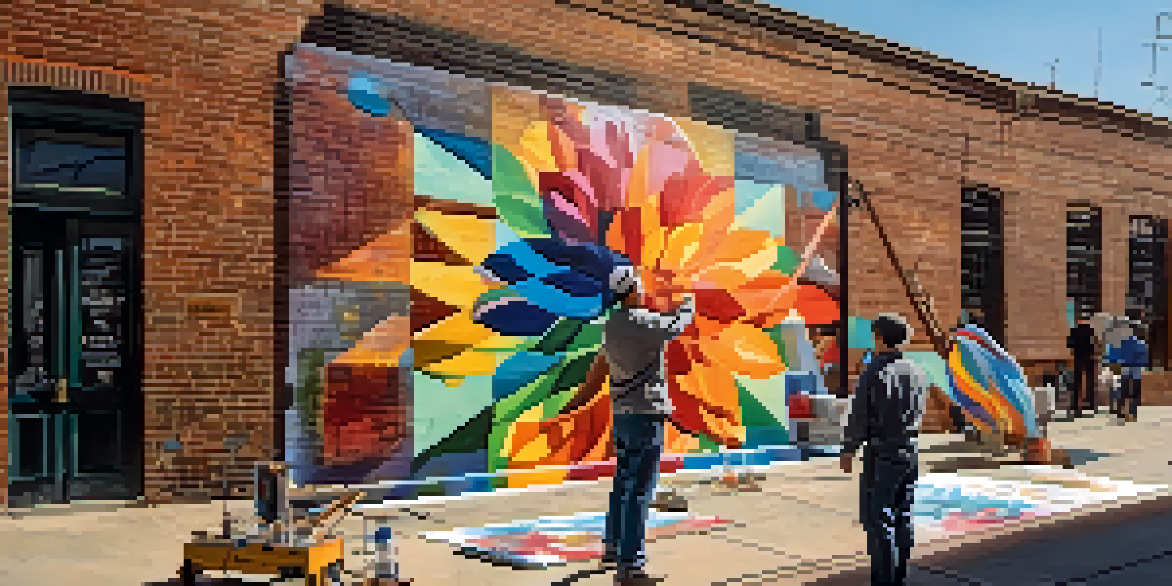 A street artist and a classical painter collaborating on a colorful mural, blending graffiti with detailed painting styles.