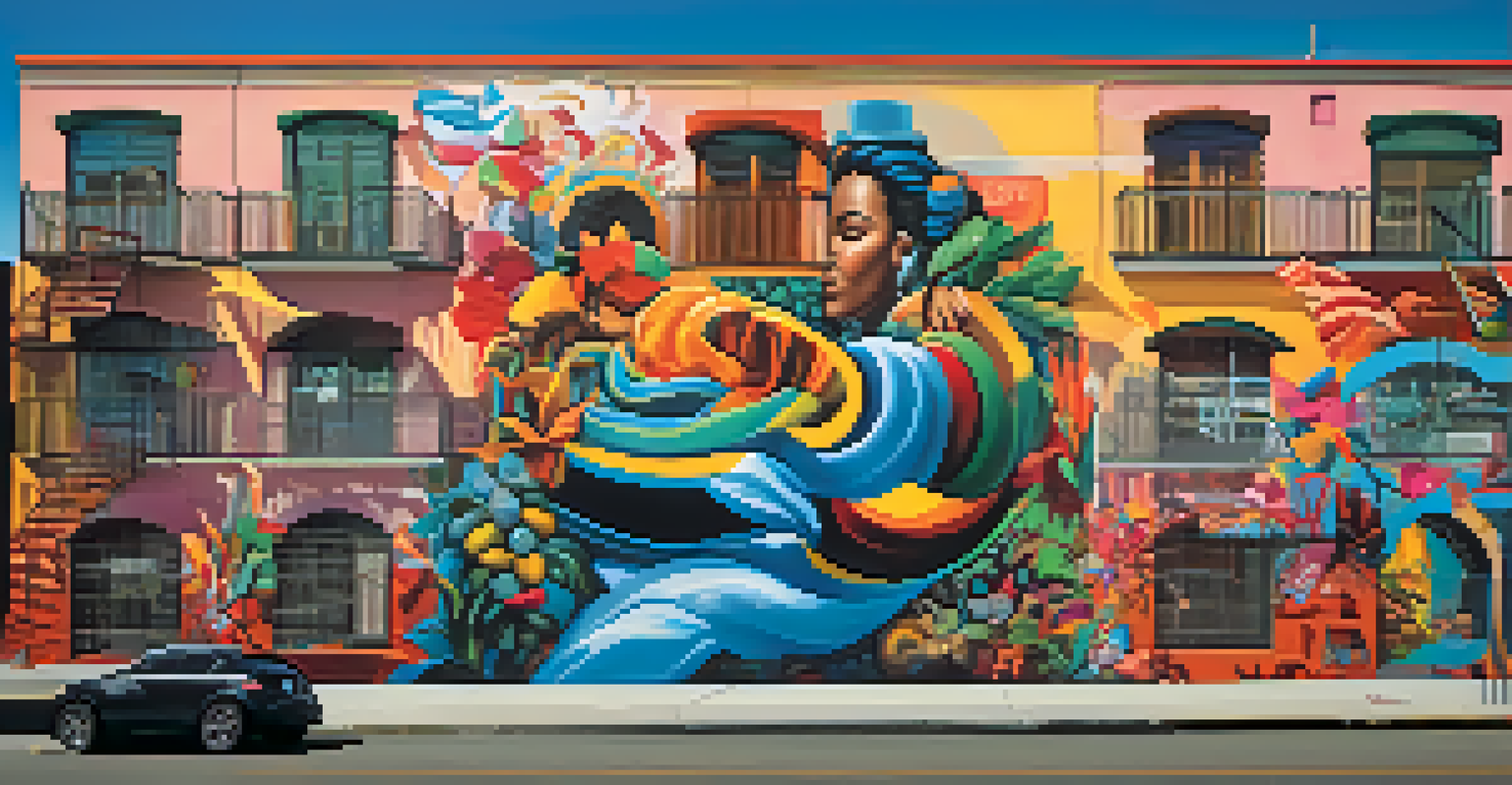 A contemporary mural blending street art and traditional muralism, showcasing themes of social justice with bold colors and urban landscapes.