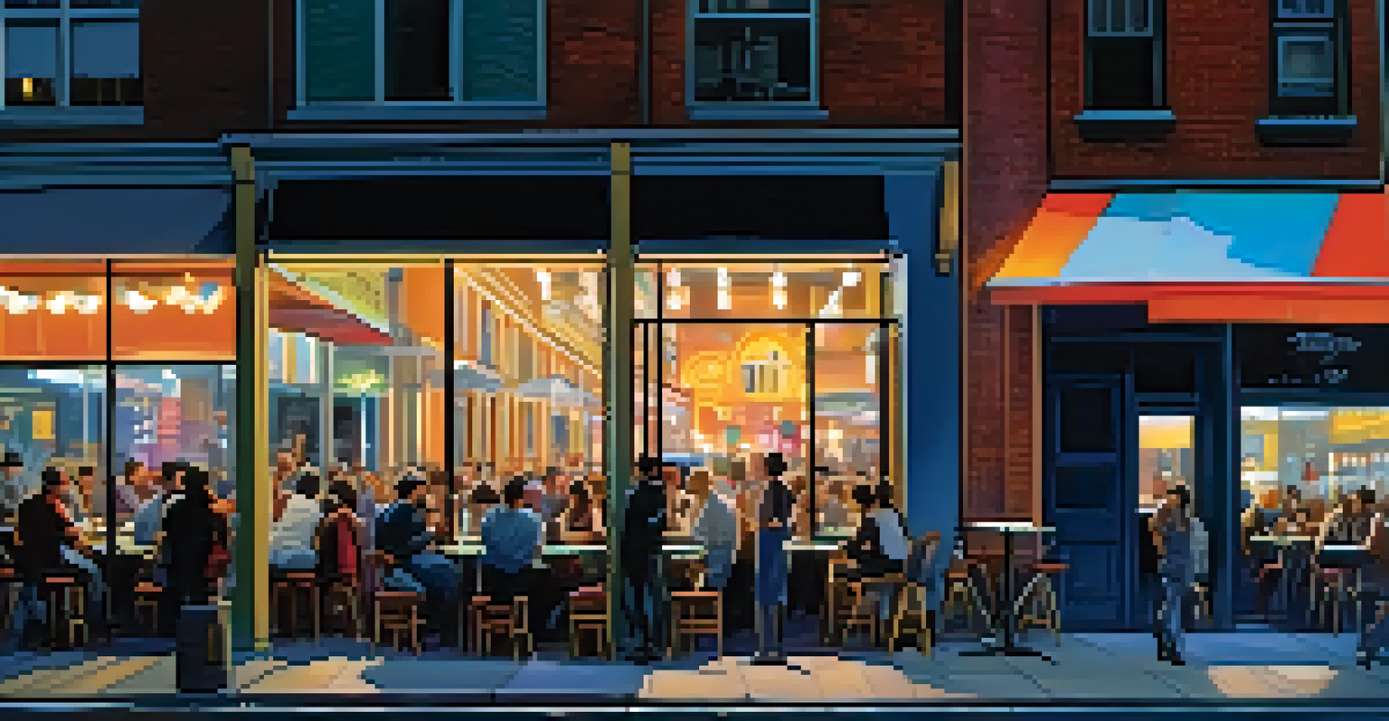 An urban street at twilight with bright neon café lights against a deep blue sky, featuring silhouettes of people.
