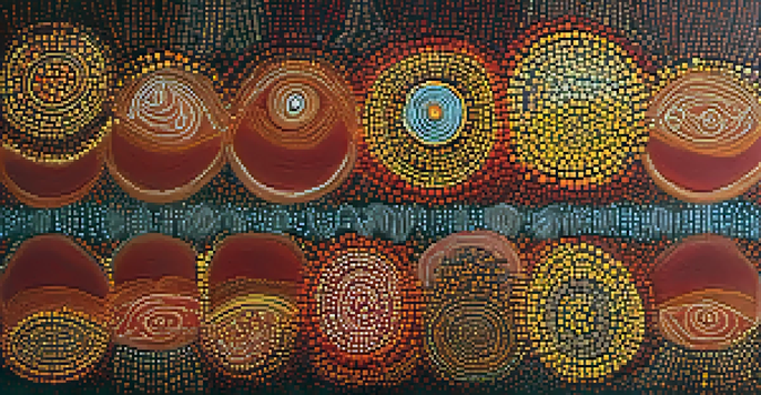 An Aboriginal dot painting illustrating a Dreamtime story with colorful patterns on a textured canvas.