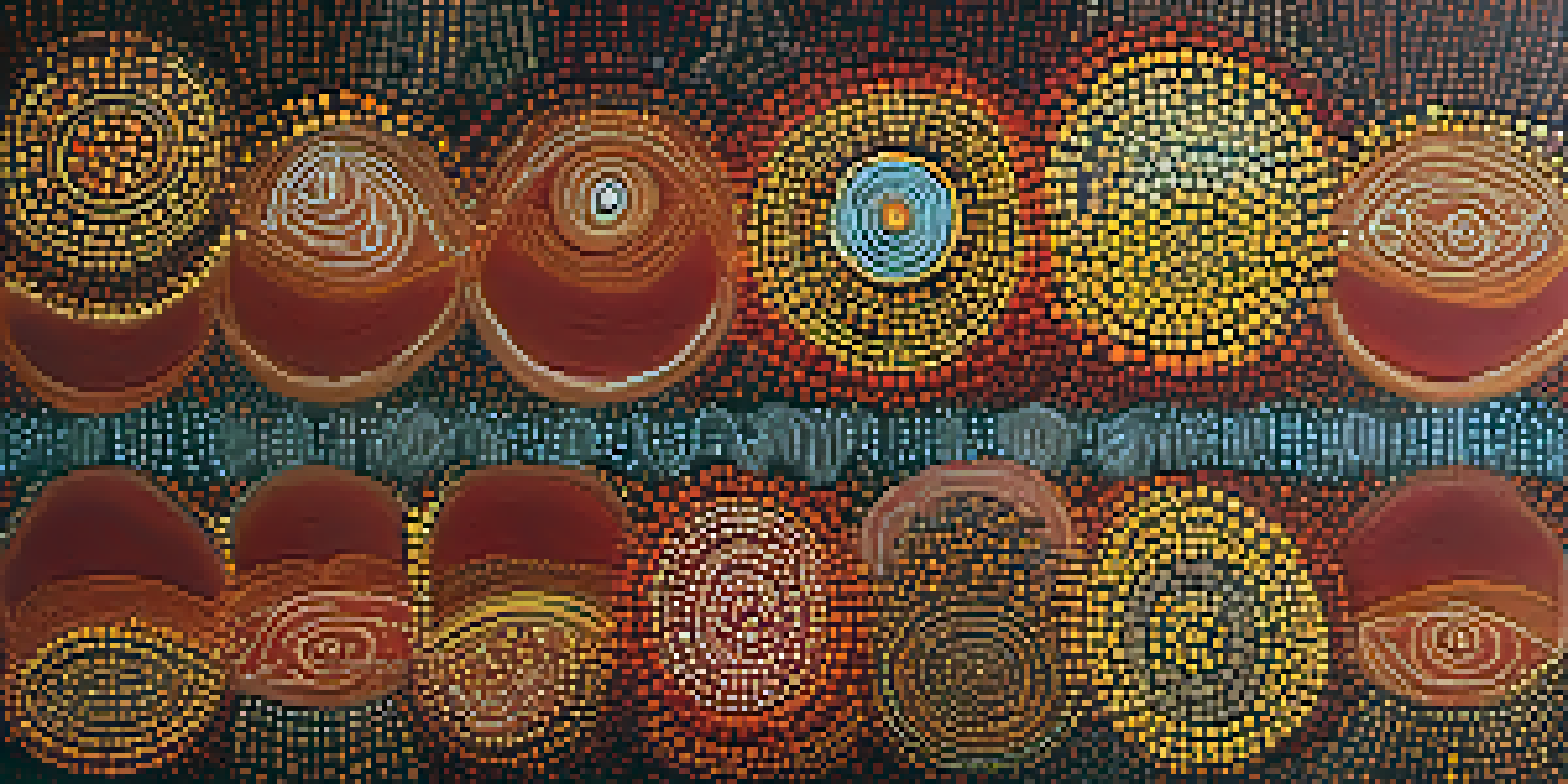 An Aboriginal dot painting illustrating a Dreamtime story with colorful patterns on a textured canvas.