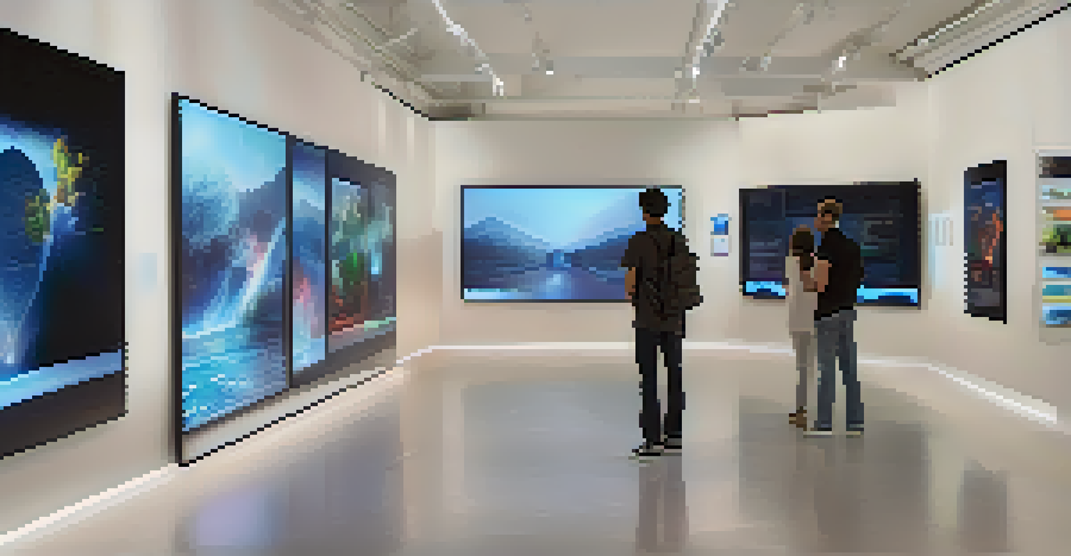 A modern gallery with digital screens responding to viewer movements, creating a dynamic art experience.