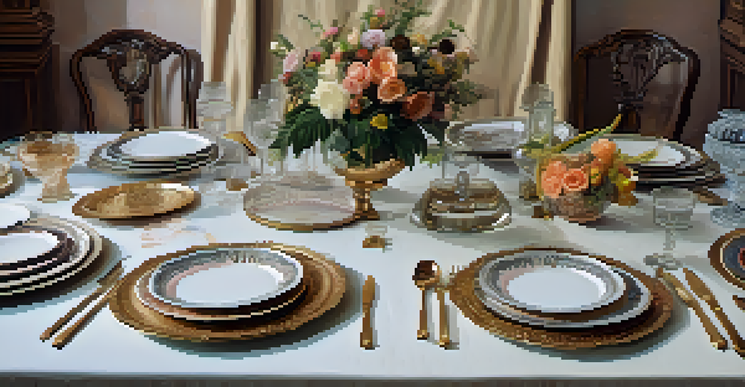 A beautifully arranged dinner party table honoring influential women, with intricate plates and soft lighting.