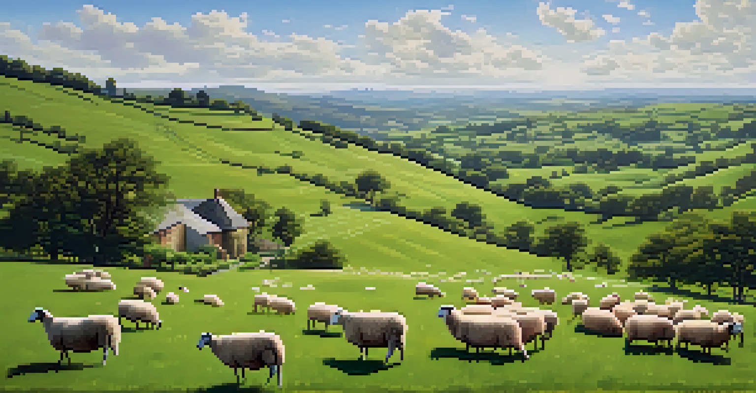 Rolling green hills with grazing sheep and a farmhouse under a blue sky.