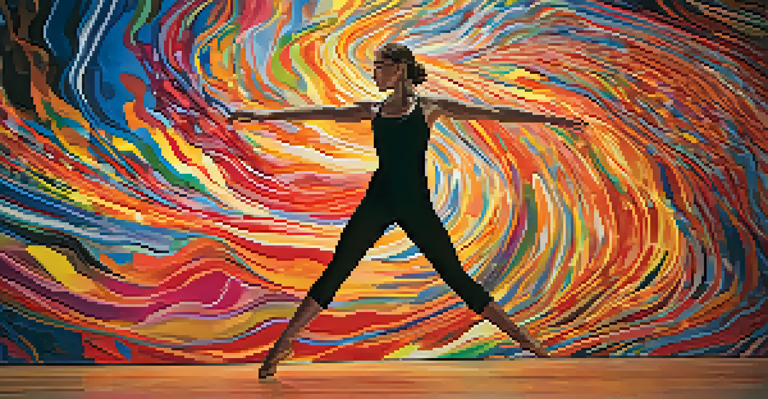 A dancer performing amidst swirling colorful projections, illustrating the blend of dance and visual art.
