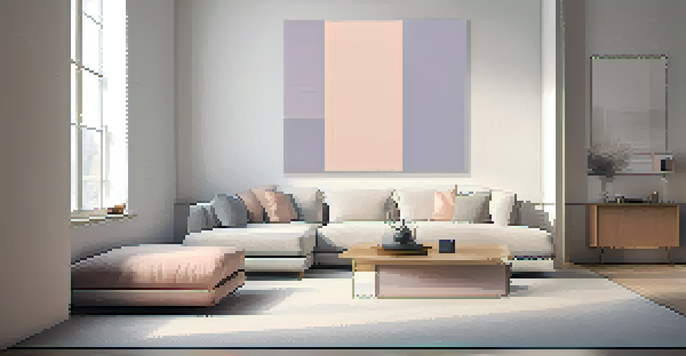 A minimalist painting with soft pastel colors and geometric shapes, emphasizing negative space and tranquility.
