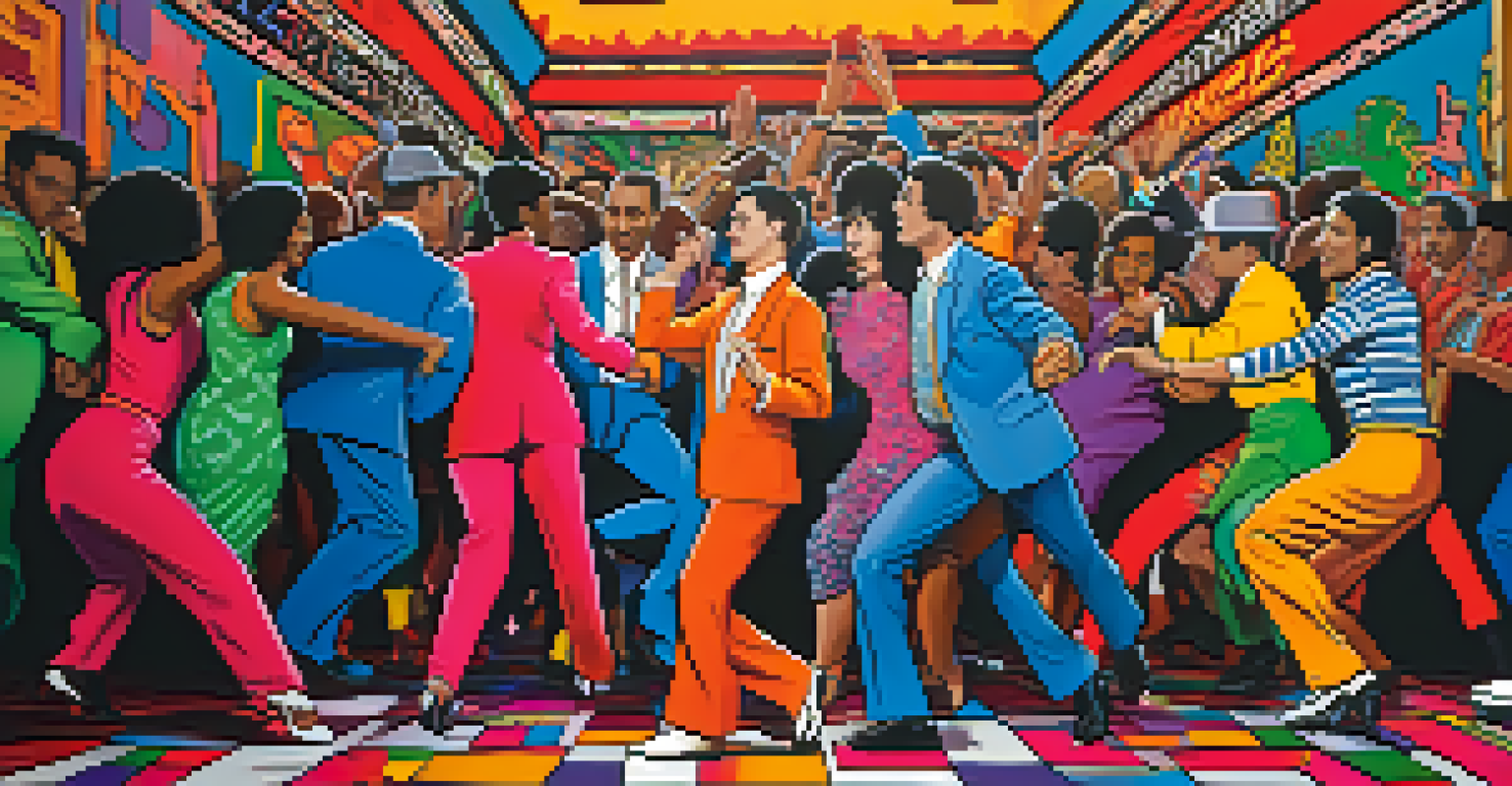 A lively ballroom scene from the 1980s with colorful outfits and Keith Haring-style graffiti. The atmosphere is vibrant and dynamic.