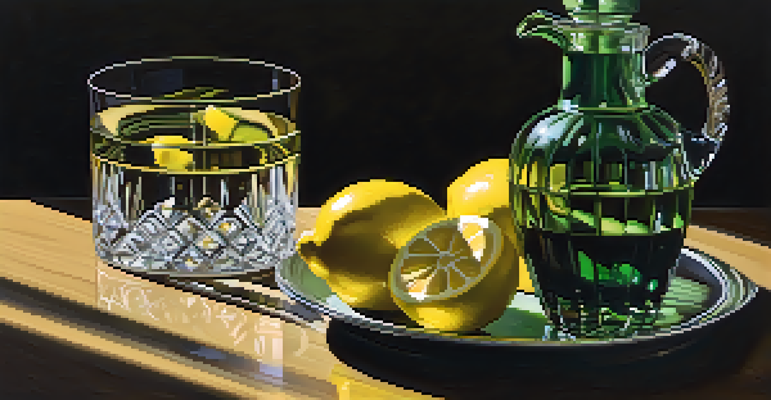 A still life with a glass decanter, crystal glasses, and a lemon slice, dramatically lit to highlight reflections and create deep shadows.